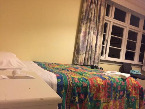 a bed with a colorful blanket and a window at Pennys Accommodation in Palmerston North