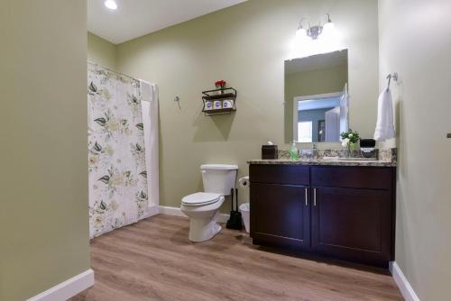 a bathroom with a toilet and a sink and a mirror at Luxury Condos at Thousand Hills - Heart of Branson - Beautifully remodeled - Spacious and Affordable in Branson