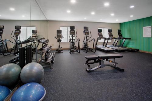 a gym with a row of exercise bikes and exercise balls at Holiday Inn Express Hotel and Suites Katy by IHG in Katy