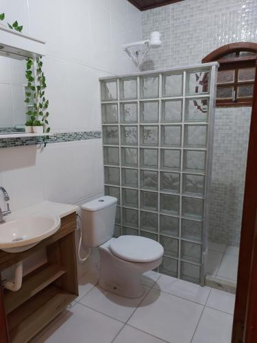 y baño con aseo, lavabo y ducha. en Recanto Casa Amarela, en Miguel Pereira