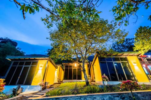 a yellow house with a tree in front of it at Catba Papillon Garden Bungalows & Resort in Cat Ba