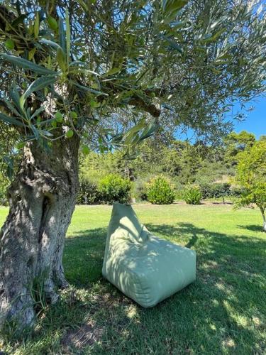 an empty sleeping bag next to a tree at Paralia Homes cheerful 2 bedroom with pool, unit #1 in Kriopigi