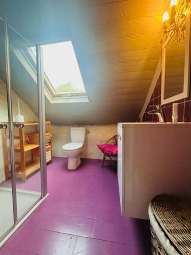 une salle de bain avec toilettes, lavabo et fenêtre dans l'établissement Gite de charme en Bretagne, à Queuvré