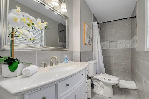 a bathroom with a sink and a toilet and a mirror at GoodKarma Rentals Spacious and Comfy Abode in Austell in Austell