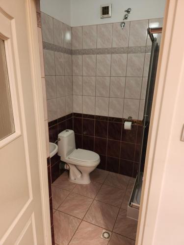 La salle de bains est pourvue d'une douche et de toilettes. dans l'établissement Zajazd FENIKS, à Lubaczów