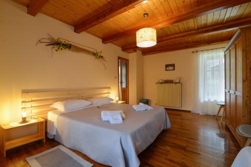 Un dormitorio con una cama grande en una habitación con techos de madera. en Bed & Breakfast Ai Fontana, en Villar Pellice