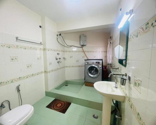 un bagno con lavatrice e lavandino di Rooftop Studio and 2BHK Apartments in Kathmandu's most happening place a Kathmandu