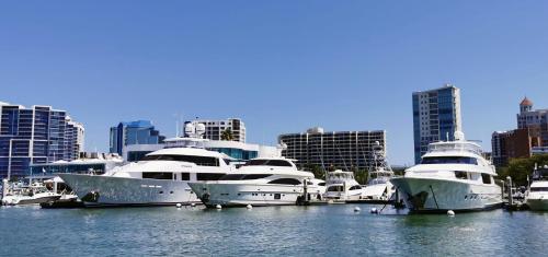 a group of boats docked in a harbor with buildings at Luxury 3BD house, Siesta Key Beach in Sarasota