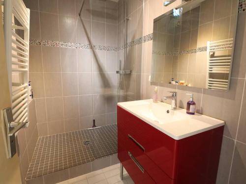 ein Bad mit einem Waschbecken und einer Dusche mit einem Spiegel in der Unterkunft Appartement Le Grau-du-Roi, 2 pièces, 4 personnes - FR-1-307-240 in Le Grau-du-Roi