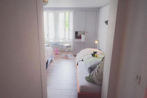 Därligen的住宿－Dreierzimmer，一间设有一张床的房间和一间带桌子的房间