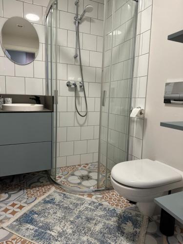 une salle de bain avec douche et toilettes dans l'établissement Malūno Vilos 1M7, à Palanga