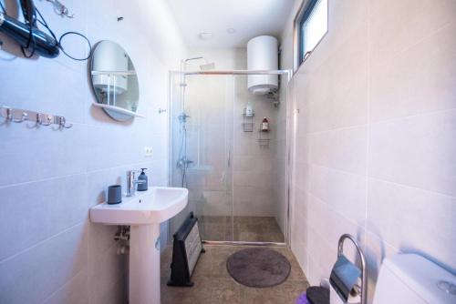 ein Bad mit einem Waschbecken und einer Dusche in der Unterkunft Svaneti Сountryside 1 in Shkaleri