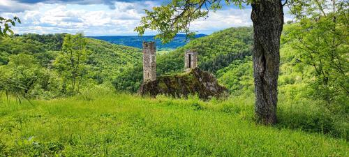 an old building in the middle of a grassy hill at Gîte familial de la Bastide du puech in Cransac