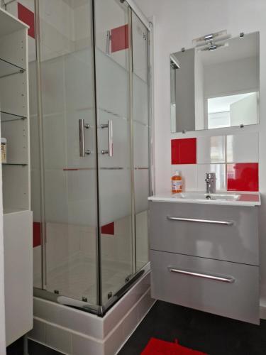 a bathroom with a glass shower and a sink at Studio cosy Fontainebleau hyper centre JO2024 in Fontainebleau