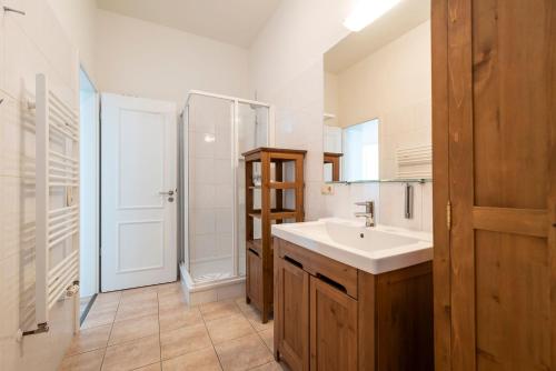 ein Bad mit einem Waschbecken, einer Dusche und einem Spiegel in der Unterkunft Villa Frohsinn - Appartement 09 in Bansin