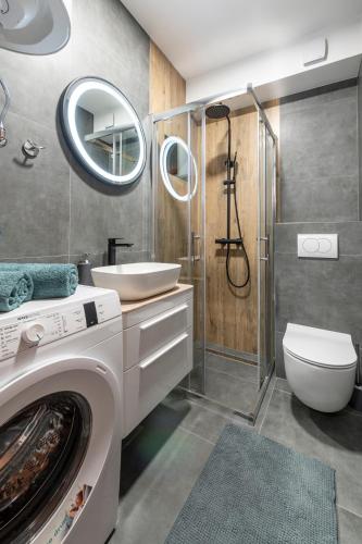 a bathroom with a washing machine and a toilet at Apartment Ivan in Dubrovnik