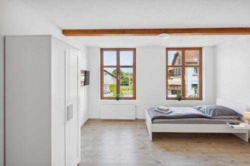1 dormitorio con paredes blancas, 1 cama y ventanas en FENUS Apartment mit traumhaftem Bergblick, en Grabs