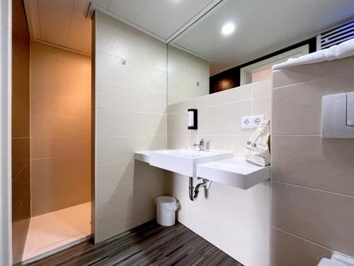 a bathroom with a sink and a mirror at Familienhotel "Rhön Feeling" in Bernshausen