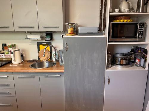 a small kitchen with a refrigerator and a microwave at White Garden in Oświęcim