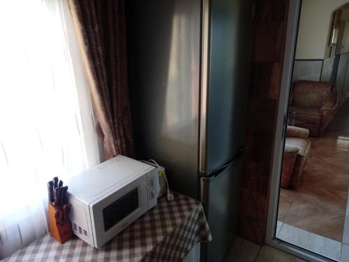 - un four micro-ondes assis sur une table à côté d'un réfrigérateur dans l'établissement Casa de vacanta, à Eforie Nord