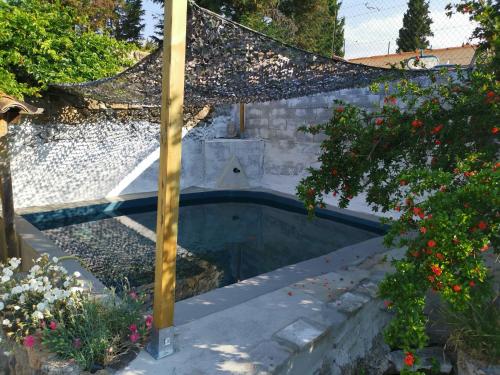 a swimming pool in a yard with flowers at Mas de Gaussel in Cabrières