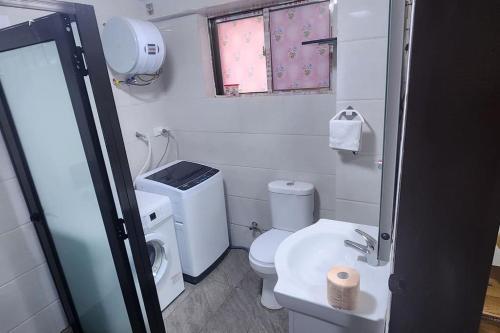 een kleine badkamer met een toilet en een wastafel bij The Hideout in Suva