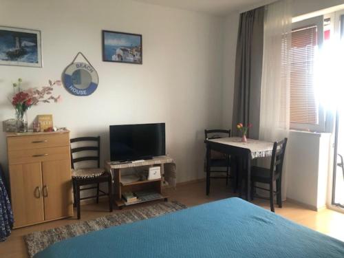 a bedroom with a bed and a table with a television at Studio Apartment Blue Dream in Ičići