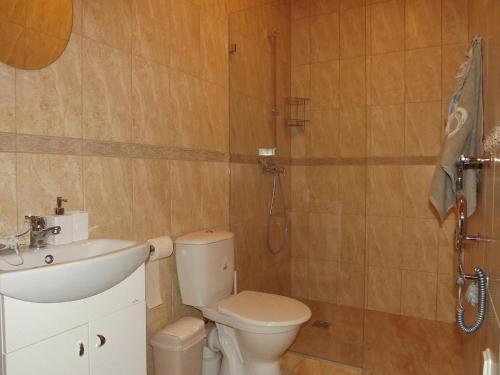 een badkamer met een toilet, een wastafel en een douche bij Gaiva in Palanga