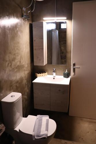 a bathroom with a white toilet and a sink at FARMAHOUSE in Orchomenós