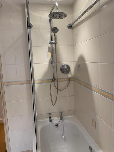 a bathroom with a bath tub with a shower at The Byre in Abingdon