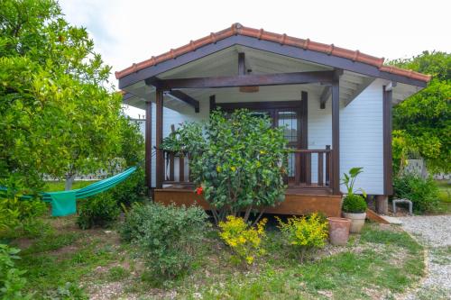 a tiny house with a porch and a hammock at Akdeniz Bahçesi Apart Hotel by Kimera Lounge in Cıralı