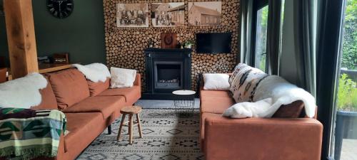 a living room with two couches and a fireplace at vakantieboerderij Aardenhof in Sevenum
