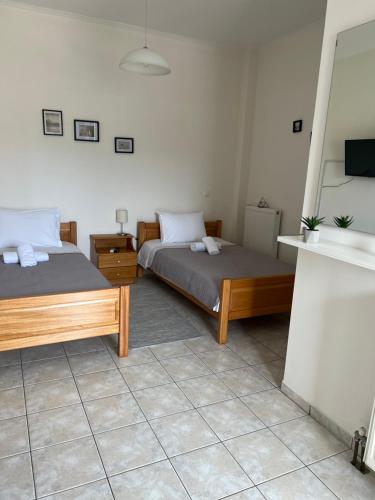 a bedroom with two beds and a television in it at Flo's Apartments in Mesolongion