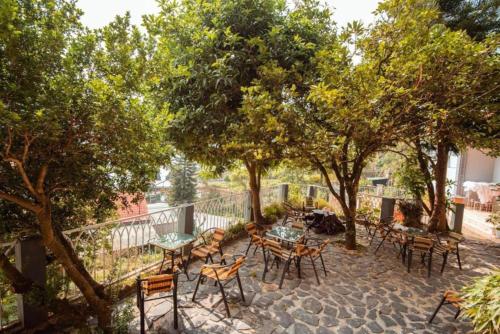 a patio with tables and chairs under trees at 1992 Tam Đảo - Venuestay in Tam Ðảo