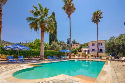 a swimming pool with palm trees and blue chairs at Villa Lianolia in Perítheia