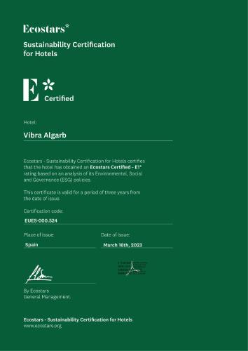 Certifikát, hodnocení, plakát nebo jiný dokument vystavený v ubytování Hotel Vibra Algarb