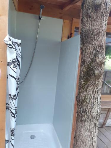 a treehouse with a shower next to a tree at La cabane de l'oiseau in Couze-et-Saint-Front