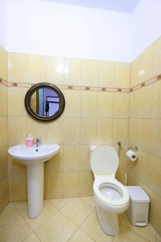 a bathroom with a toilet and a sink and a mirror at Vila Dena in Vlorë