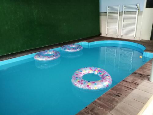 drei aufblasbare Donuts in einem Pool in der Unterkunft Gîte Les Mille Pauses in Fresse