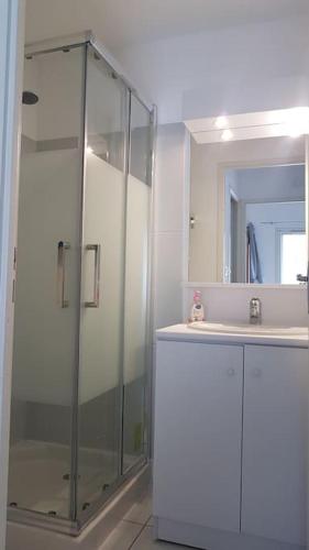 une salle de bain avec une douche en verre et un lavabo dans l'établissement Maison entière, Terrasse, piscine, Proche plage, à Narbonne-Plage