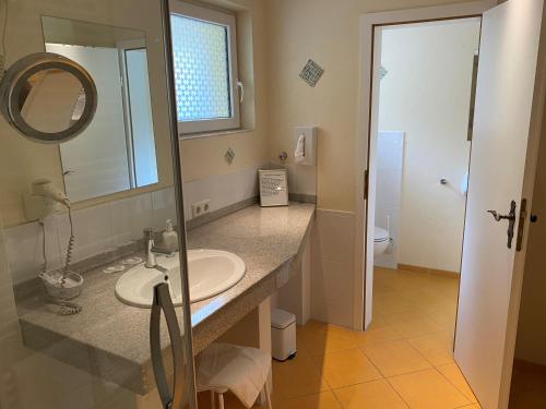 a bathroom with a sink and a mirror at Wellnesshotel Rothfuß mit Spa und 2 Schwimmbädern in Bad Wildbad