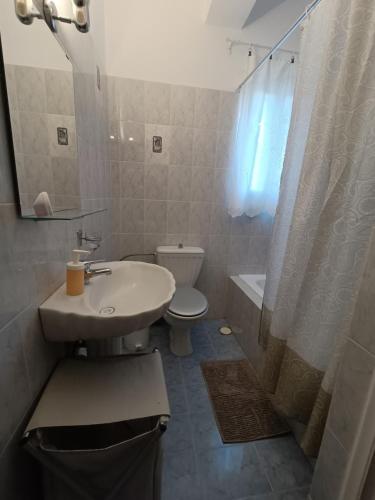 a bathroom with a sink and a toilet and a shower at Sea view Cycladic house in Tinos