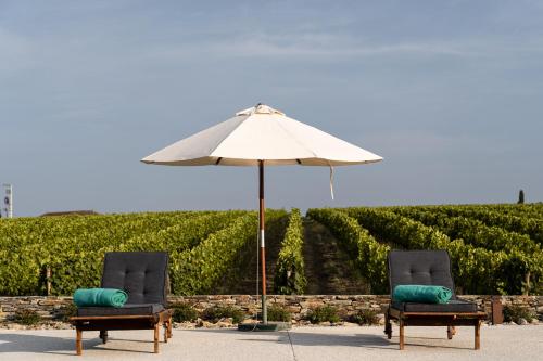 two chairs sitting under an umbrella next to a hedge at QUINTA DA FAÍSCA - Agro Turismo in Favaios