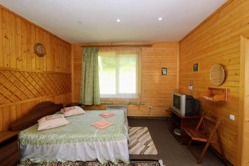 a bedroom with a bed and a television at Cottage "Gribochok" in Yaremche