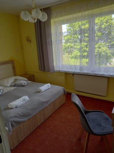 a bedroom with two beds and a chair and a window at Halny Natura Tour in Karpacz