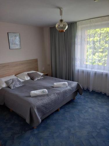 a bedroom with a bed with two towels on it at Halny Natura Tour in Karpacz