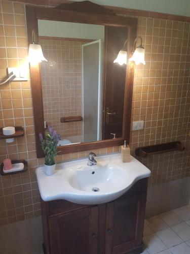 bagno con lavandino e specchio di Retreat village Benessere - Il borgo dei carbonai a Esterzili