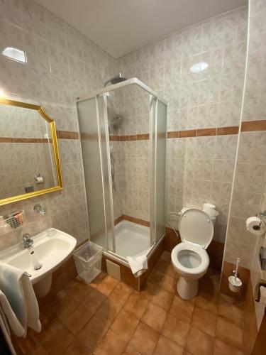 a bathroom with a shower and a toilet and a sink at Penzión TATRA INN in Čadca