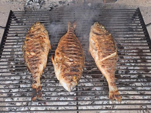 three fish are cooking on a grill at Authentic Stone House Lola in Makarska