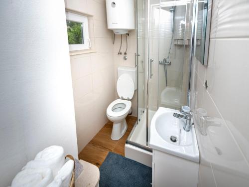 a small bathroom with a toilet and a sink at Authentic Stone House Lola in Makarska